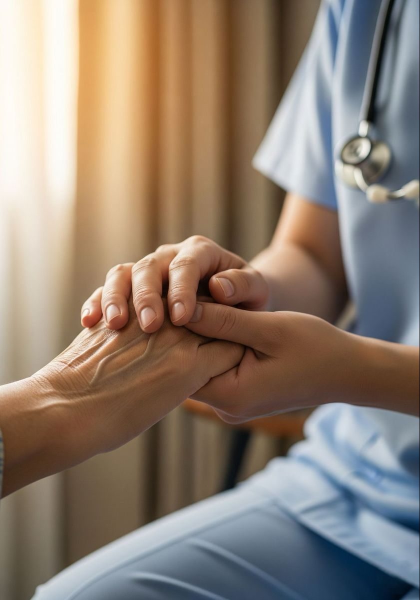 One person gently holding another person’s hand in support