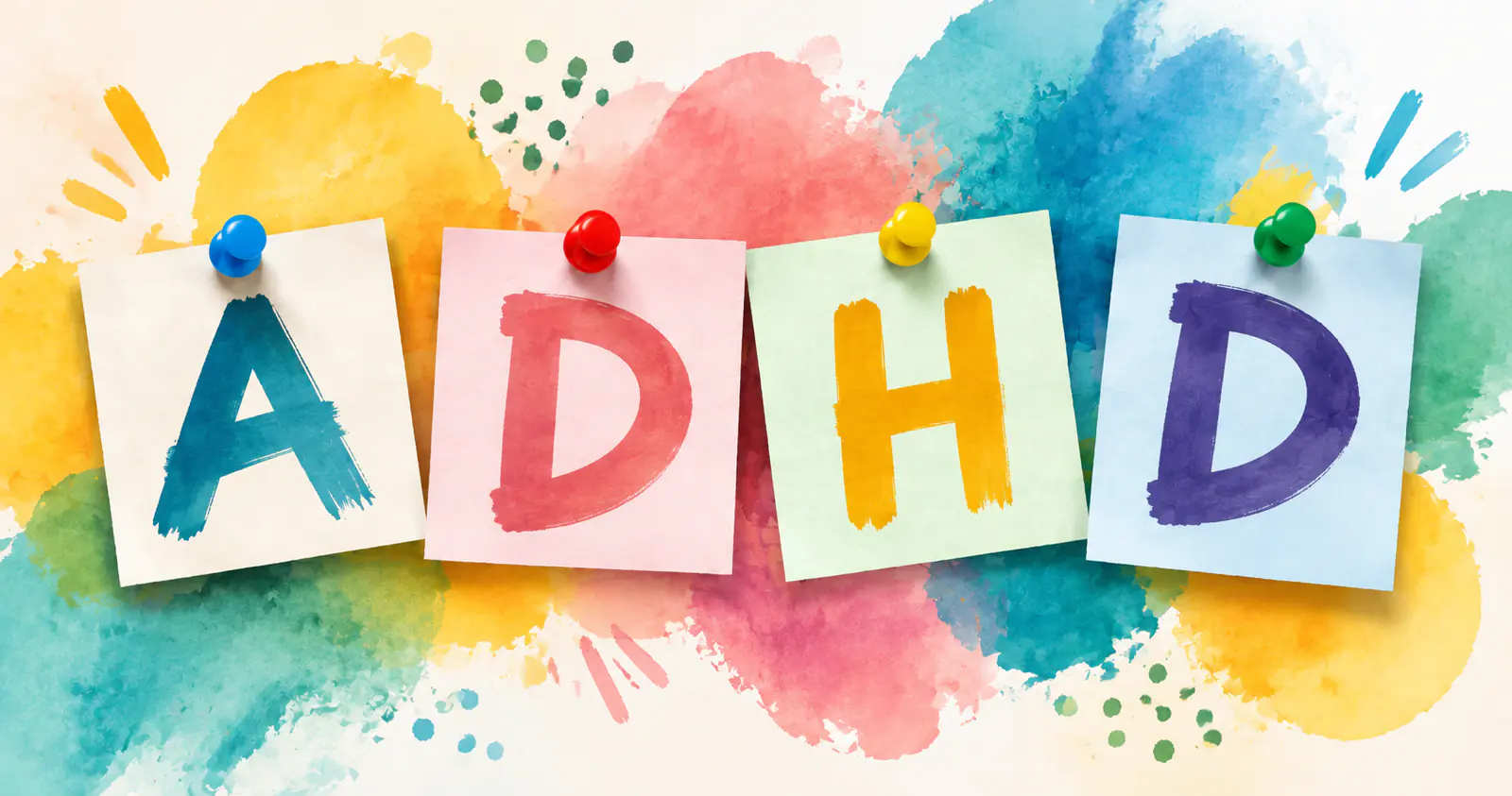 Colorful ADHD letters painted on pinned notes over a watercolor background
