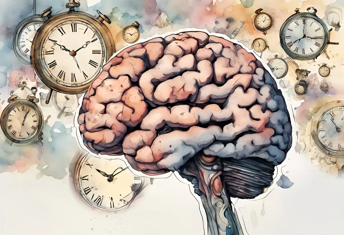 Illustration of a brain surrounded by clocks representing memory and time
