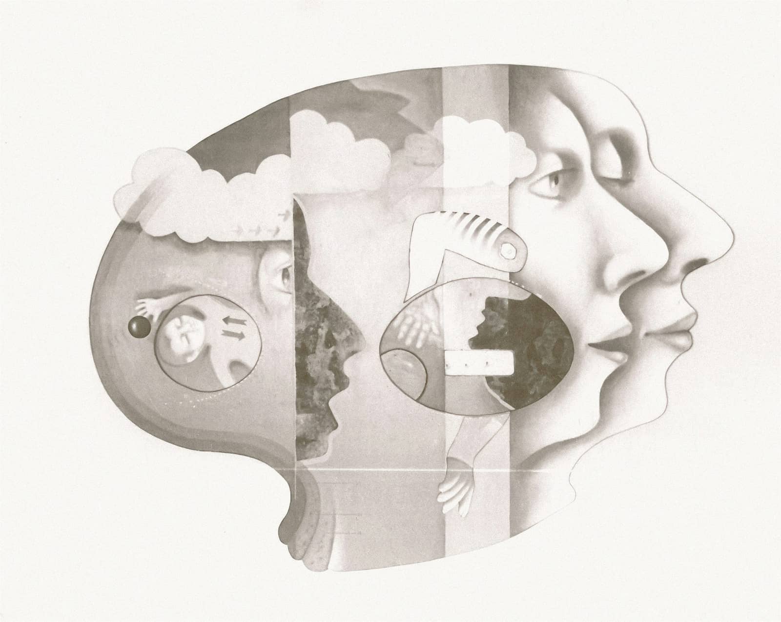 Conceptual layered faces representing altered perception and psychosis