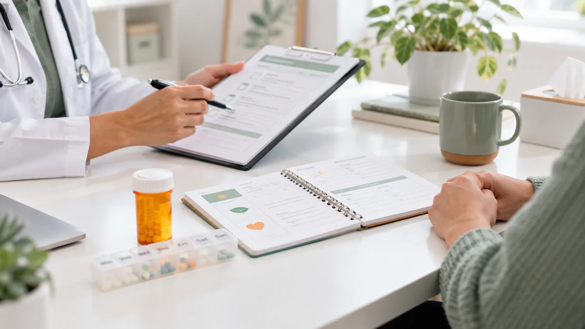 Clinician reviewing a personalized medication plan with a patient at a bright desk