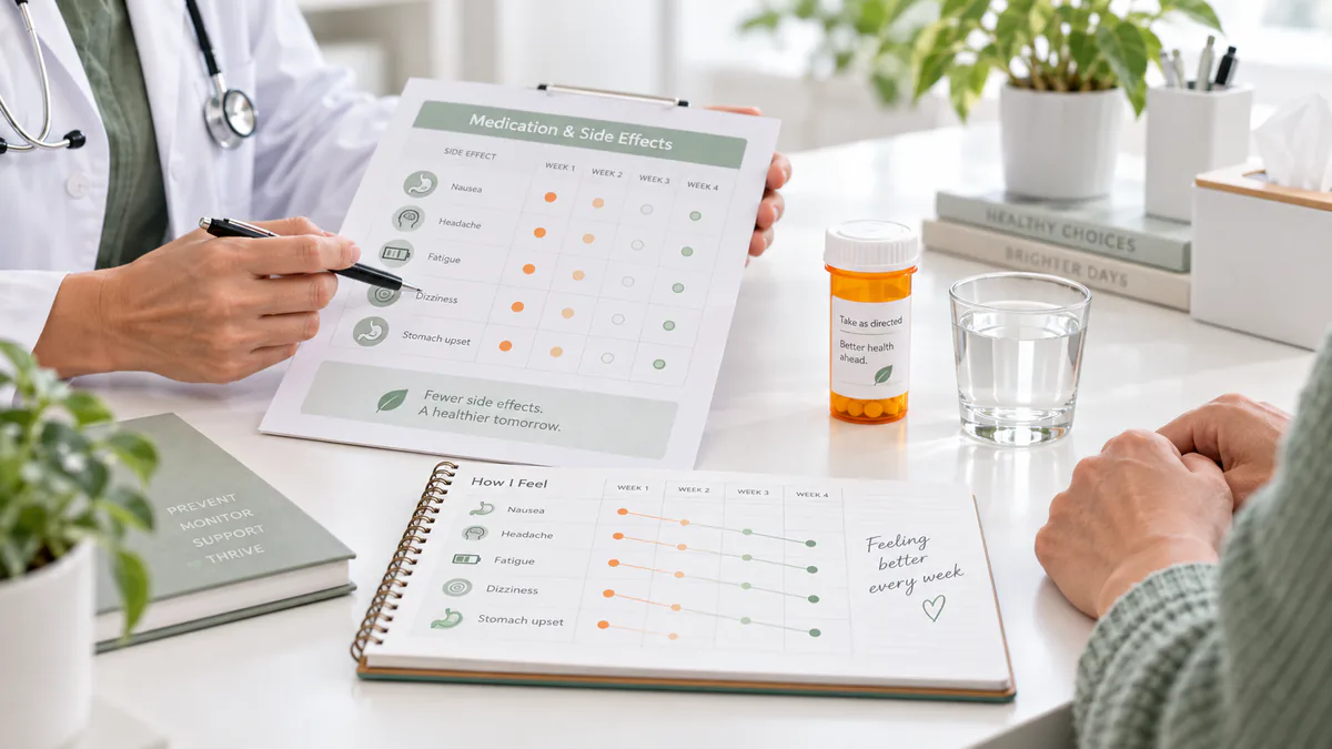 Clinician reviewing a medication and side-effect tracking chart with a patient