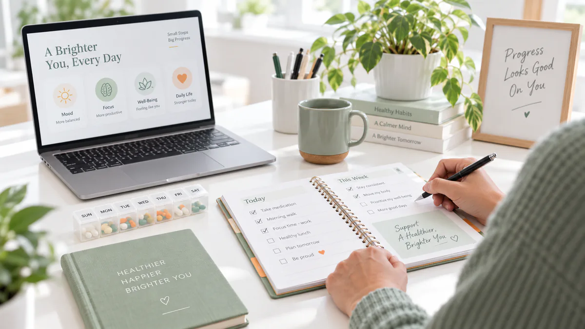 Patient filling in a daily planner beside a laptop showing mood, focus and well-being cards