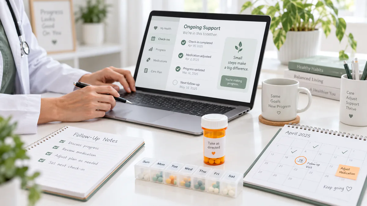 Clinician updating a follow-up care plan on a laptop beside a calendar and follow-up notes